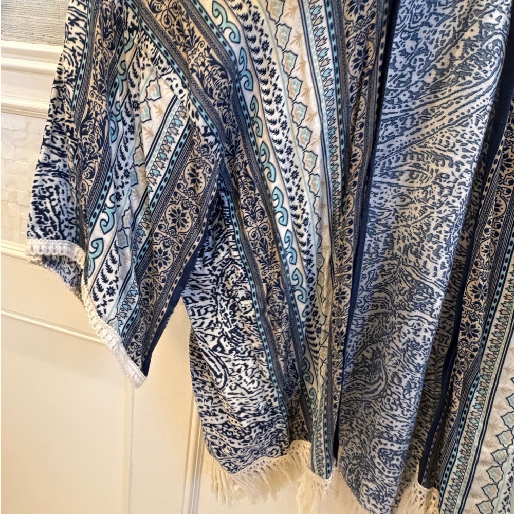 One size Anthropologie roffe kimono cardigan top blue white print paisley tassle - Picture 6 of 9